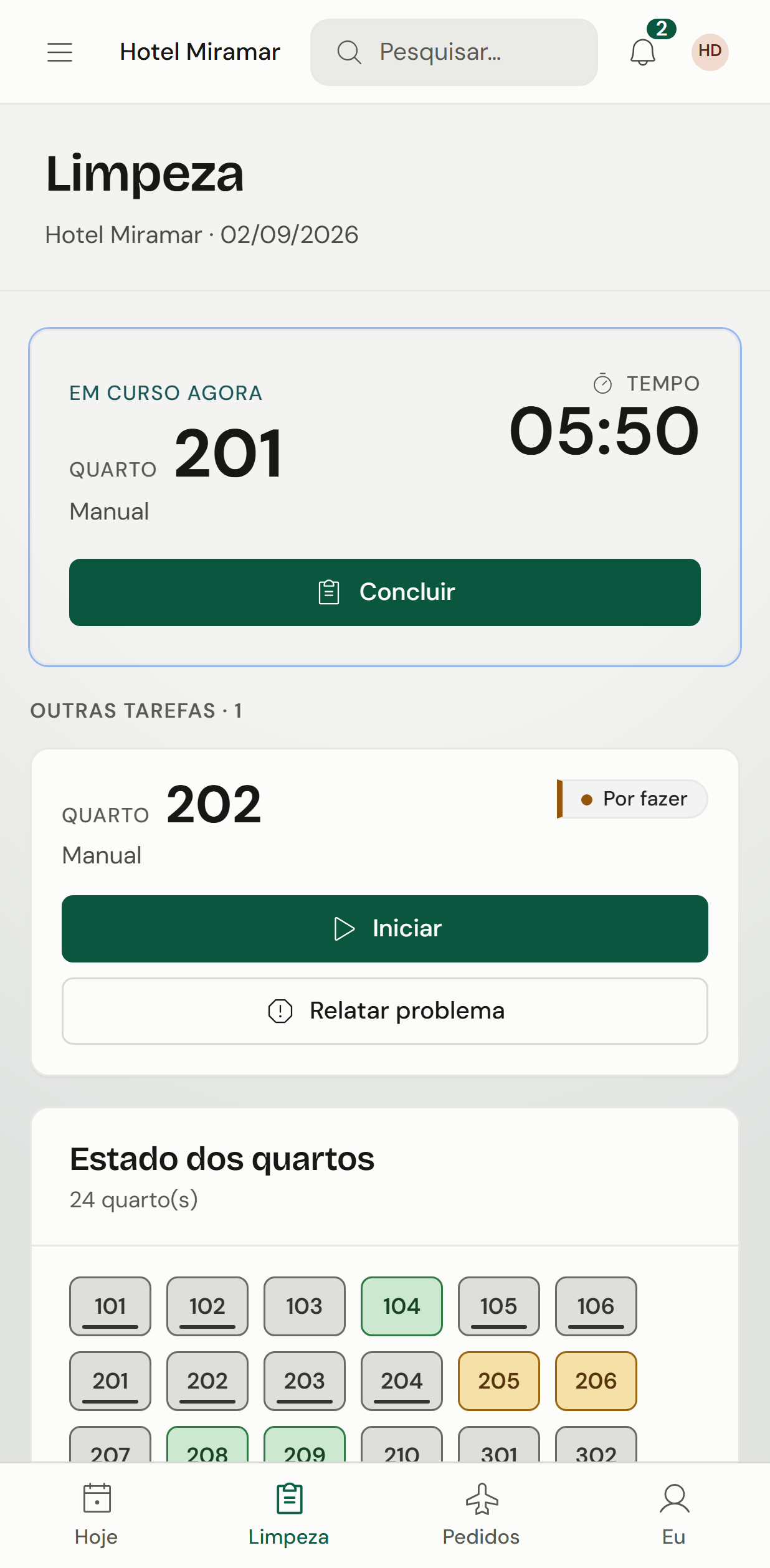Tarefas de limpeza atribuídas, no telemóvel