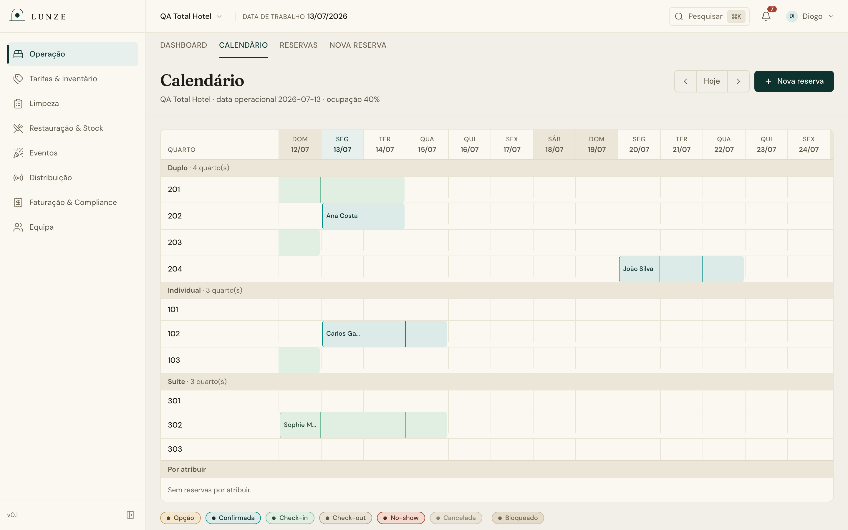 Calendário de reservas do Lunze